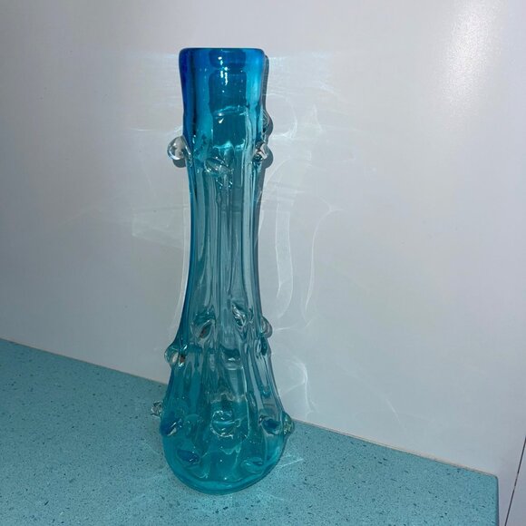 L E Smith Vintage MCM Hobnail Stretch Peacock Blue Art Glass Vase Decor - Picture 5 of 8